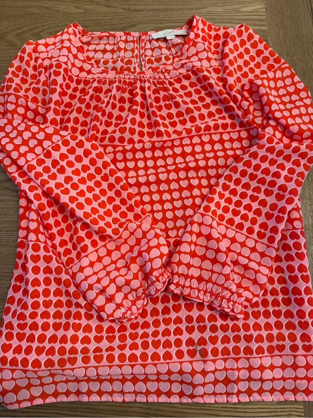 LOFT Coral and Light Pink Heart Dot Long Sleeve Blouse